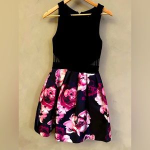 XScape size 6 black bodice w/mesh cut-out sides and pink floral skirt. Cocktail